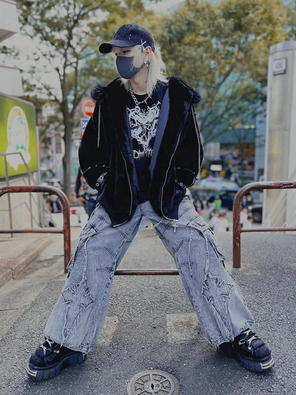 日本製マインシリーズ リベットクロス シープイヤー フード付きジャケット 冬物 新作 ゴスパンク ダークガールズ イミテーションファー プラッシュコート レディース