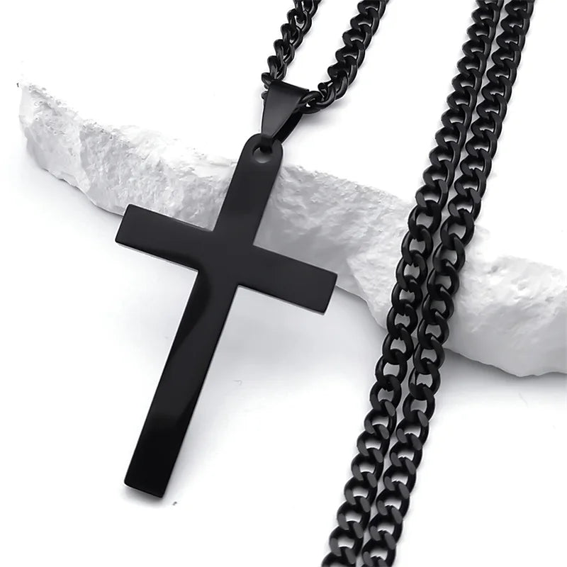Classic Cross Pendant Necklace for Men Stainless Steel Black Color Goth Chain Necklace Man Jewelry collier homme N3475S06