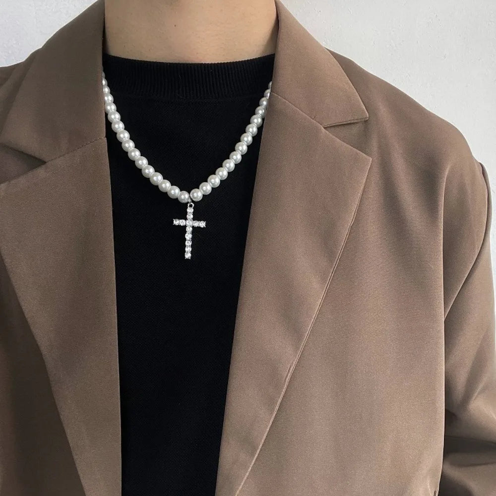 パールビーズチェーンクロスペンダントネックレスメンズトレンドホワイトビーズチョーカーシャイニーラインストーン2023ファッションジュエリー男性