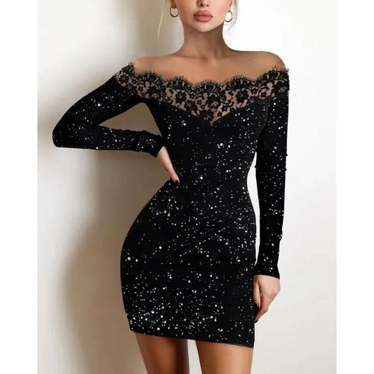 Slash Lace Sexy Spicy Elegant Black Sheer Shiny Sequins Long Sleeve Party Slim Fit Hollow Enveing Gown Summer Women Mini Dresses