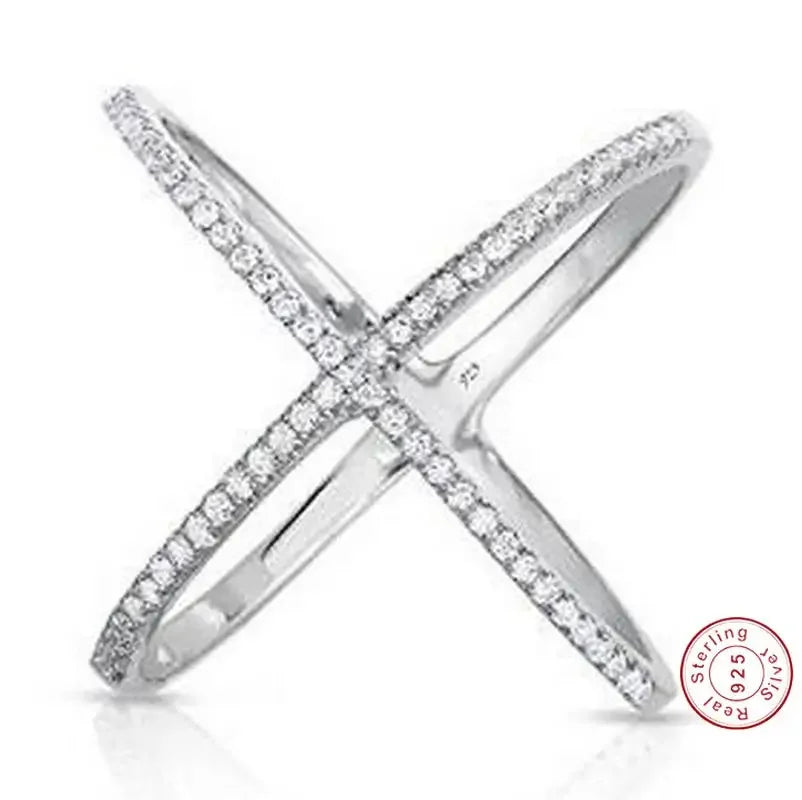 ハンドメイド925スターリングシルバーのクリスクロスXクロスリング、クロスリング、薄型AAAAAジルコンリング、女性用ウェディングマイクロパヴェリング