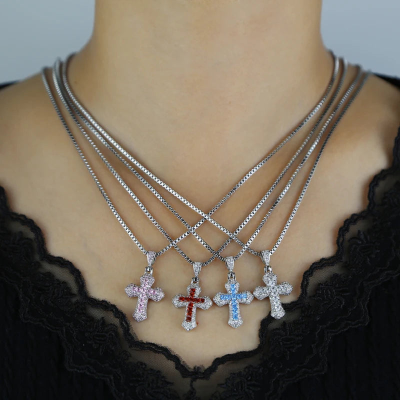 2025 ピンク レッド ホワイト パープル ブルー 5色 キュート ミニ スモール カラフル CZ クロス ペンダント ネックレス ヒップホップ メンズ レディース ファッション ジュエリー
