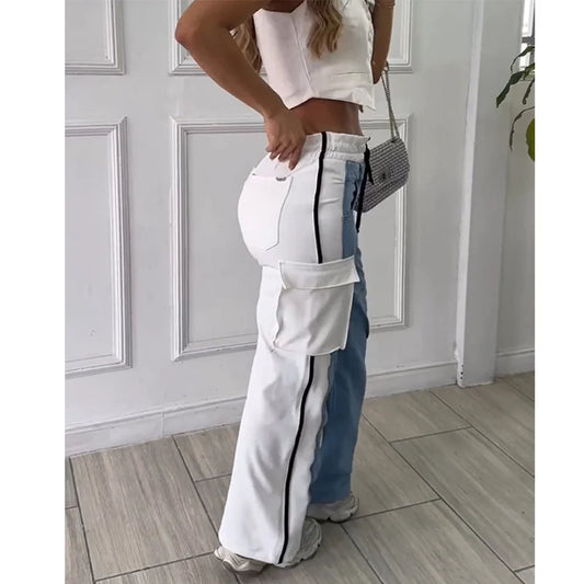 Women High Waisted Baggy Casual Jeans Patchwork Cargo Jeans with Lace-Up Streetwear Y2k Loose Straight Trousers