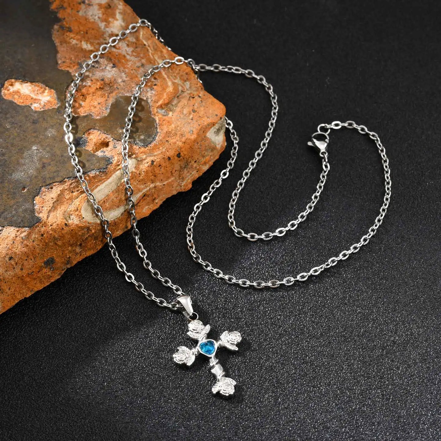  Fashion Heart Zircon Rose Flower Cross Pendant Necklace for Men Women, Gold Plated Stainless Steel Necklace,Aesthetic Jewelry