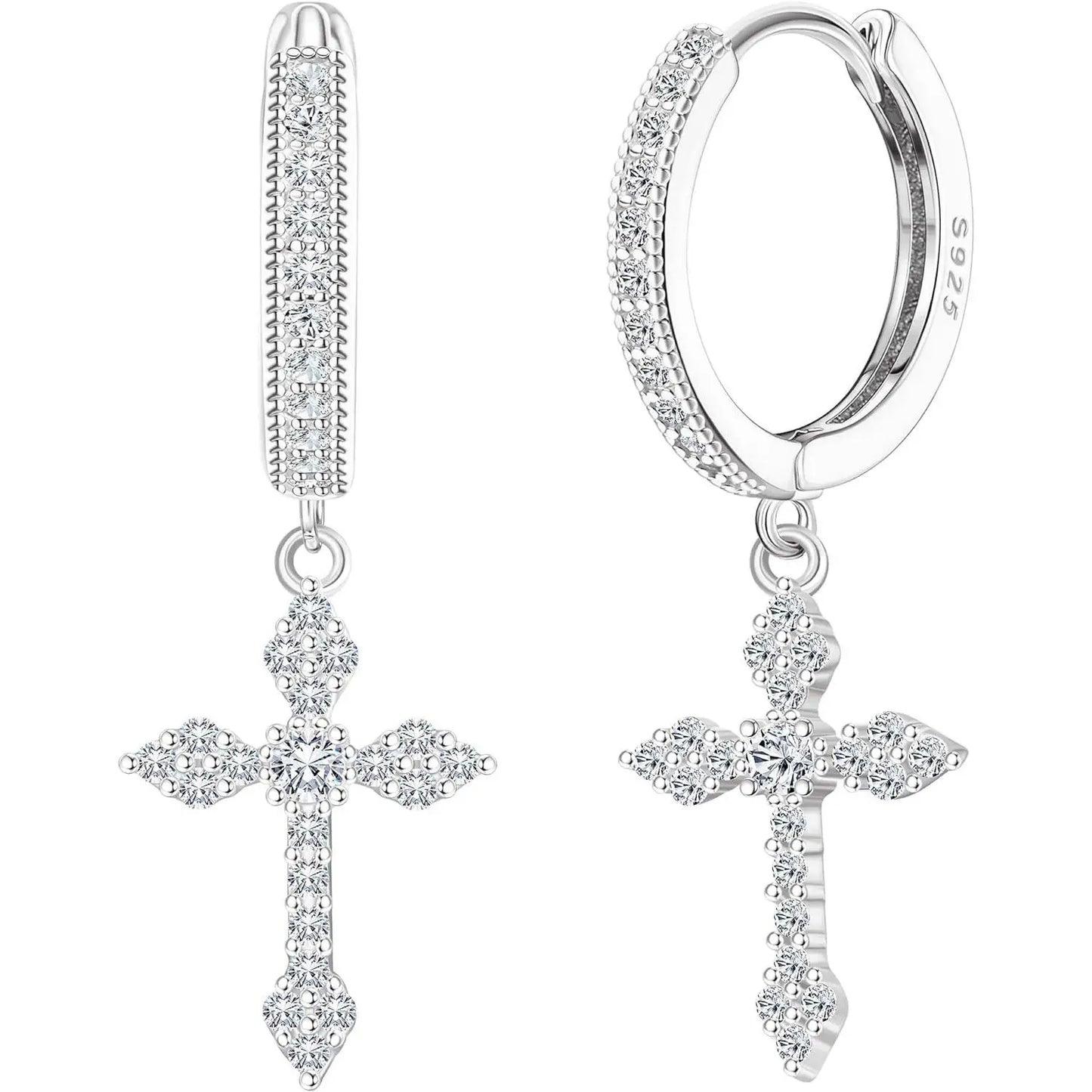 Fansilver 925スターリングシルバー クロスイヤリング レディース メンズ 華奢なCZハギーフープイヤリング アイスアウトクロスダングルイヤリング ボックス付き