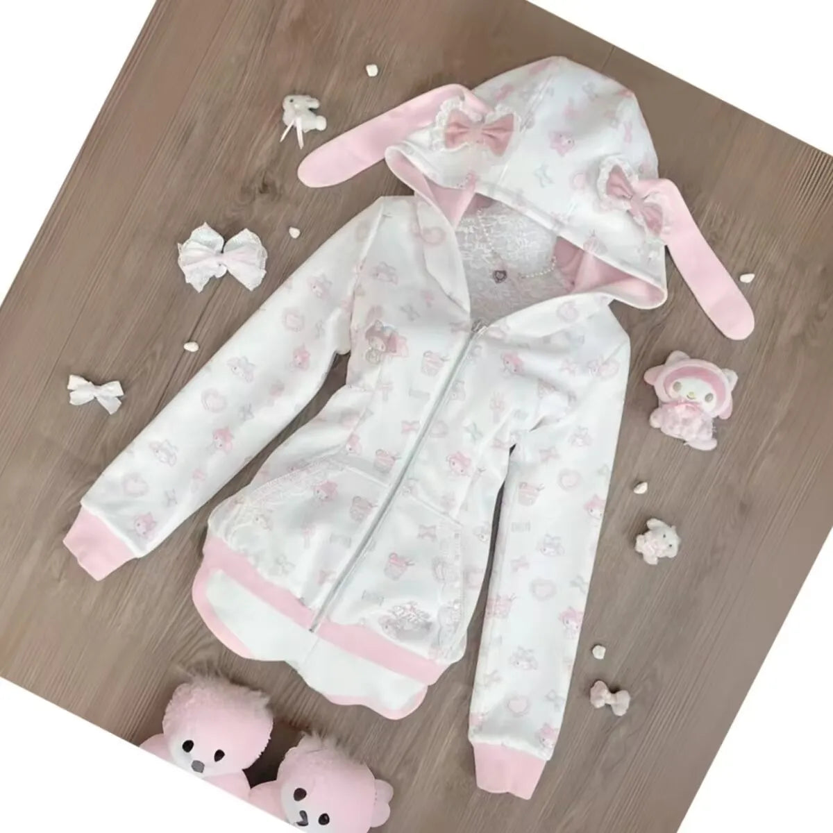 原宿系 和風 かわいい スウェットシャツ 漫画 ウサギ プリント パーカー Y2K ピンク サブカルチャー リボン ジップアップ パーカー レディース スリム アニメ パーカー