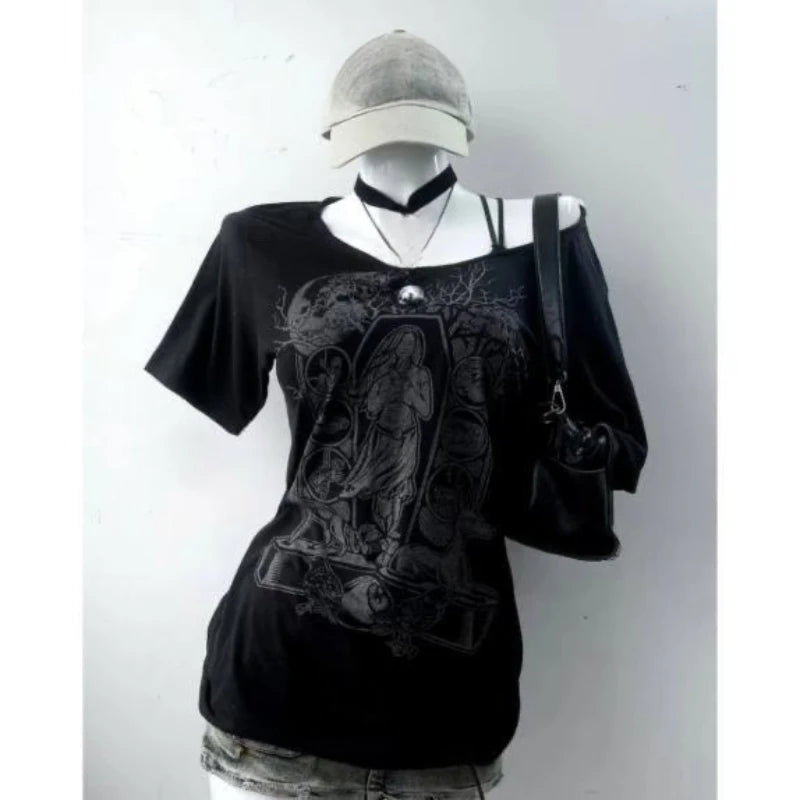 2000年代ヴィンテージY2Kクロップトップレディース半袖スリムプリントTシャツサブカルチャー原宿系ファッション韓国パンクゴシックTシャツアウターウェア