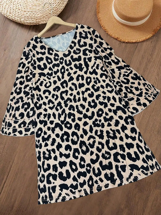 Women's Fashion Printed Blue Mini Dress Casual Bell Sleeves V-Neck Long Sleeves Knee Length Dress