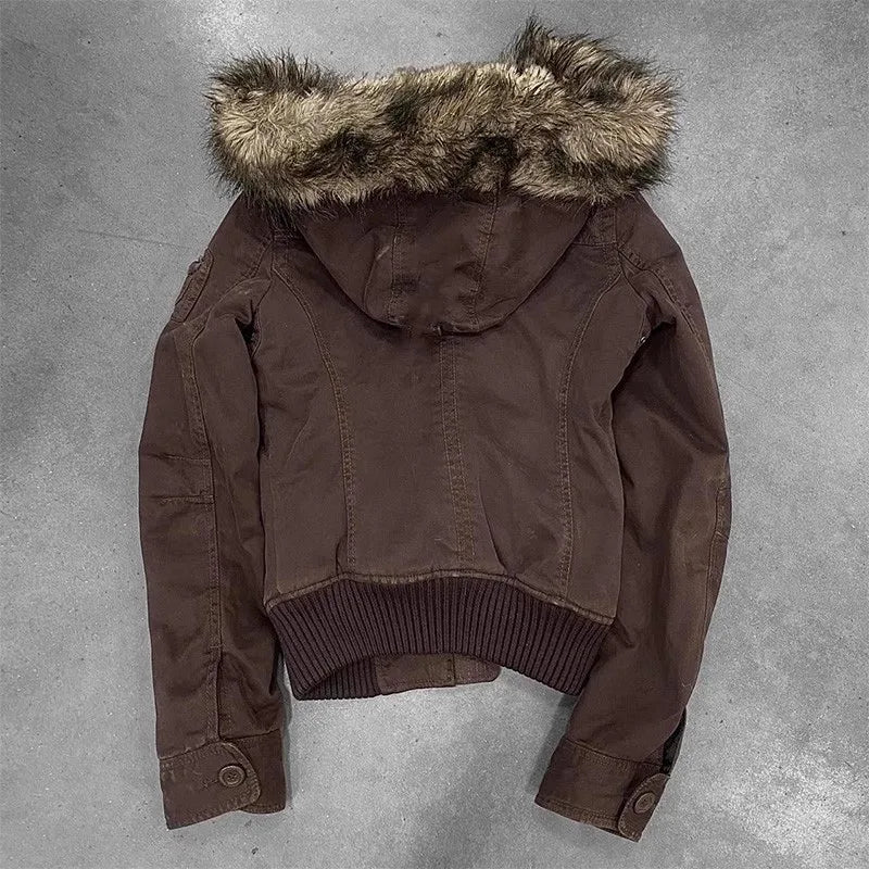 レディース Y2K 冬用パーカージャケット フェイクファーフード付き 暖かいシェルパ裏地 ジップアップ ボンバーコート カジュアルアウター ブラウン プラスサイズ 防風