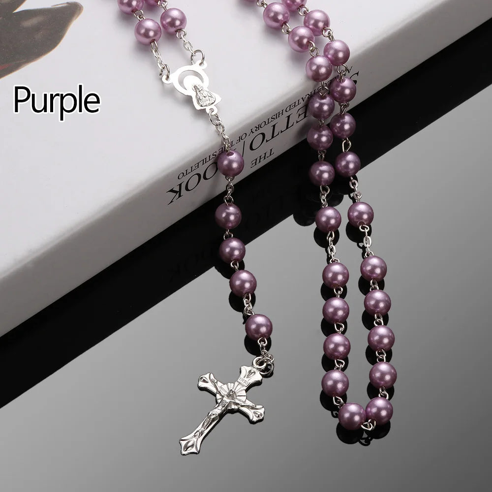 ファッションヴィンテージクロスネックレスロザリオビーズチェーンイエス十字架聖母マリアペンダントチェーンジュエリーネックレス
