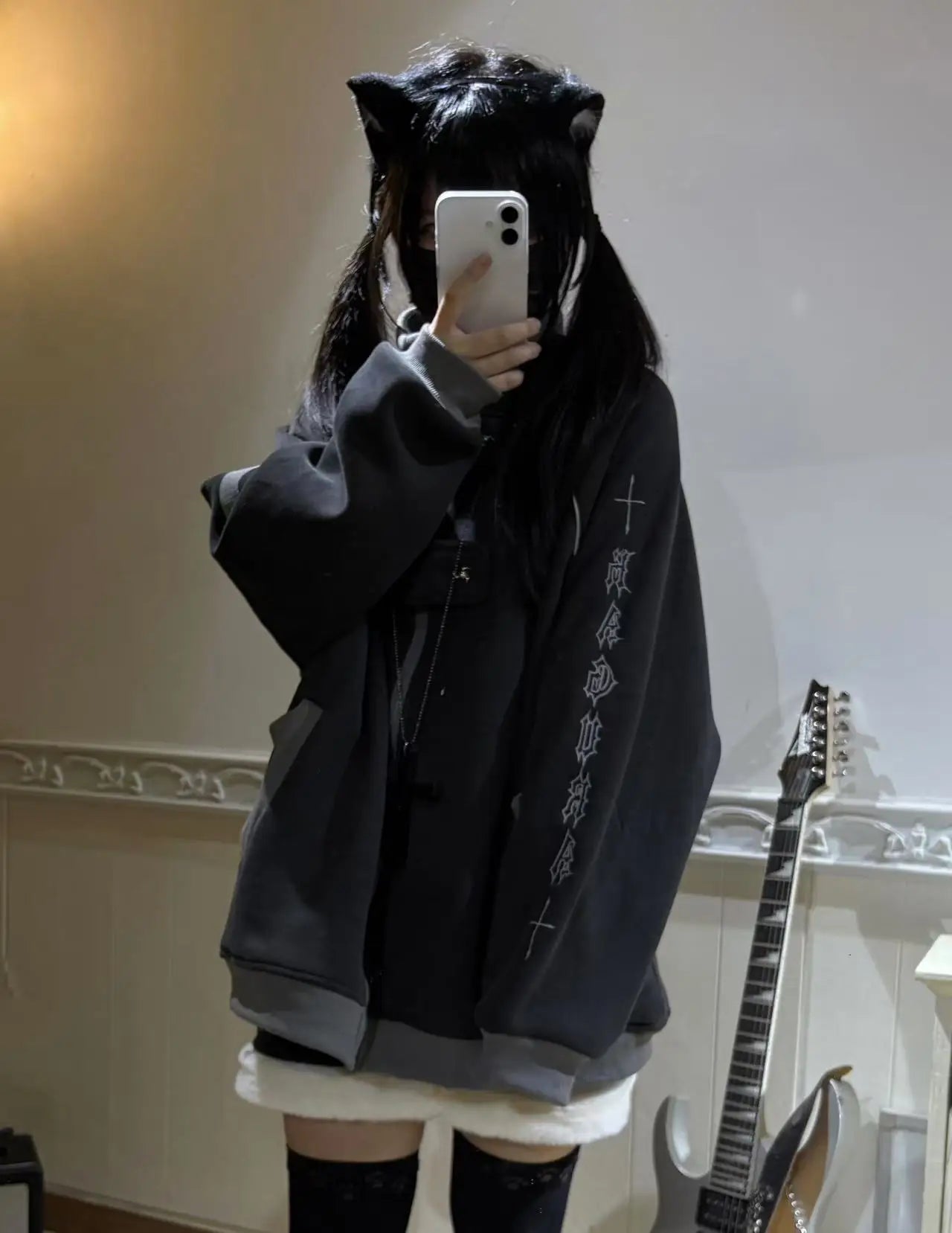 ファッションベルベットスタンドカラーサブカルチャー猫耳フード付きスウェットシャツジャケットオリジナルゴシック長袖ゆったり暖かいエレガントコート