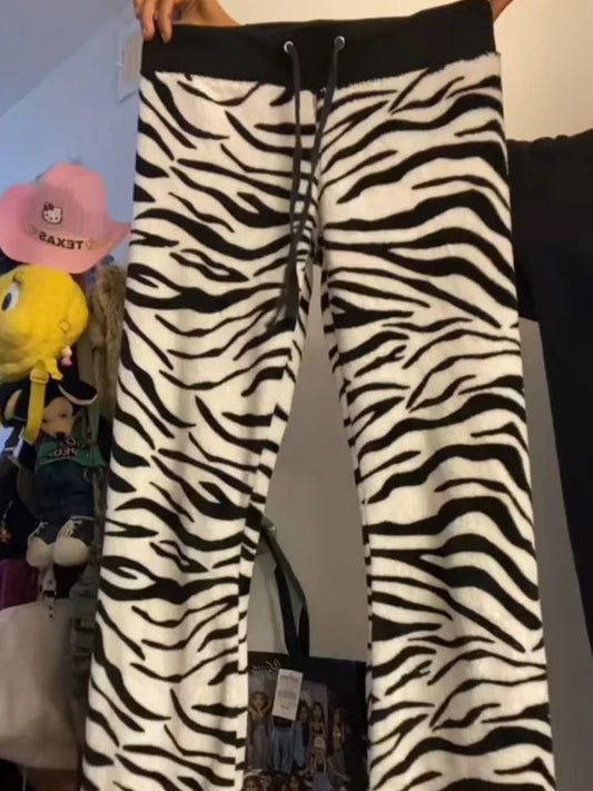 Zebra Stripe Pattern Straight Casual Pants Drawstring Versatile Y2K Bottoms Chic Rock Punk Emo Girl's Slim Fit Women's Trousers
