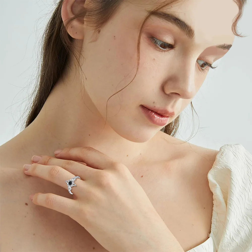 925シルバーメッキ 魔女ノットリング レディース オブシディアン ケルト トリニティノットリング ペイガン ウィッカ クロス ジュエリー 新年ギフト