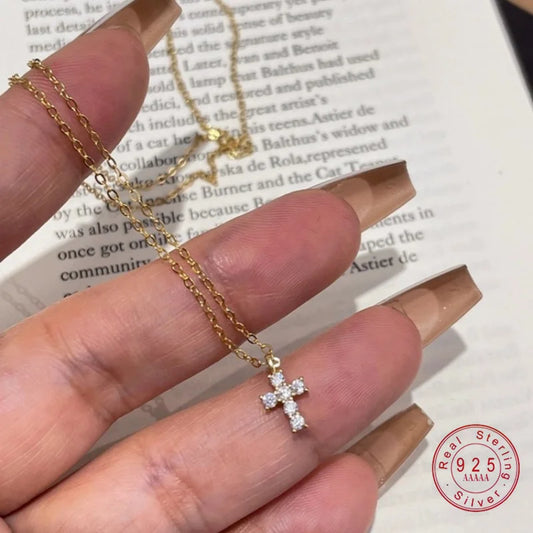 925 Sterling Silver Electroplated Real Gold Inlaid Zircon Cross Pendant Necklace for Women Fashionable Temperament Jewelry Gifts