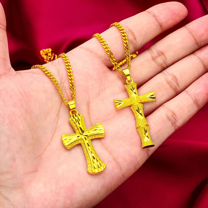 Men's 24K Gold (AU999) Overbearing Cross Necklace | Openwork cross chain, micro-diamond glow with magnetic closure