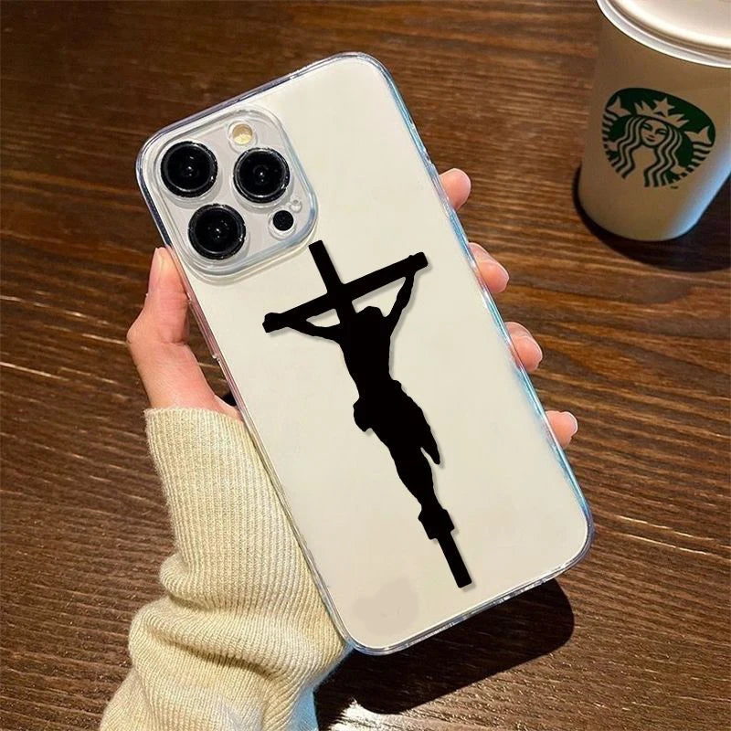 クリエイティブなイエス・キリストの十字架の電話ケース iPhone 16 15 14 13 12 11 Pro Max Plus XS XR X 7 8 Plus Mini 漫画透明ソフトカバー