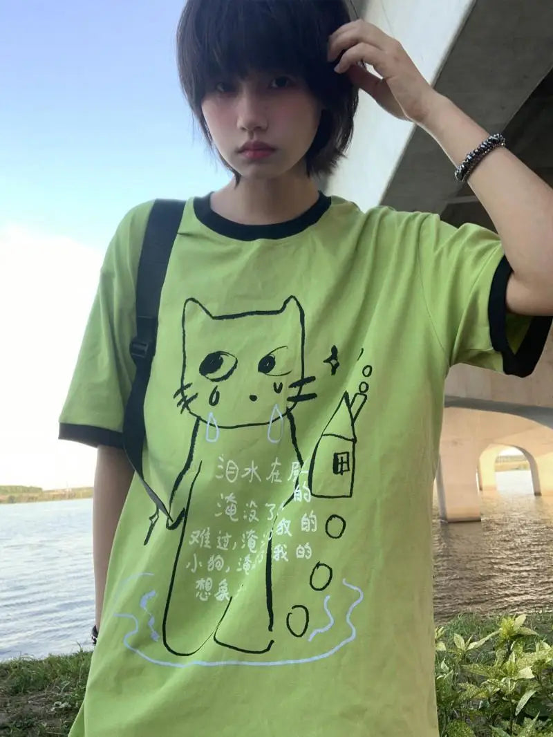 日本のサブカルチャー かわいい猫プリント 半袖Tシャツ レディース 夏 ヴィンテージ グリーン カジュアル ゆったり スウィートガール Y2K トップス