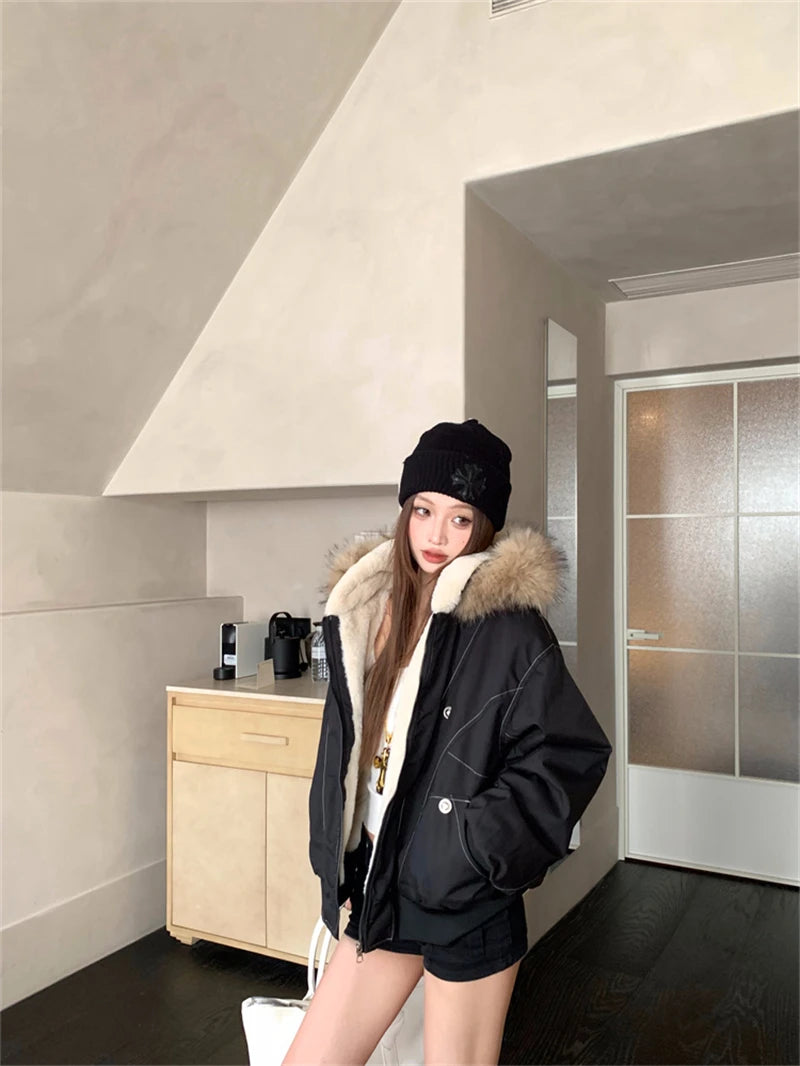 ZAROY レディース&amp;メンズ 冬用ジャケット Y2K ストリートウェア ファーカラー フード付き カジュアル ルーズコート 暖かい 原宿系 パーカー ゴシック パーカー куртк