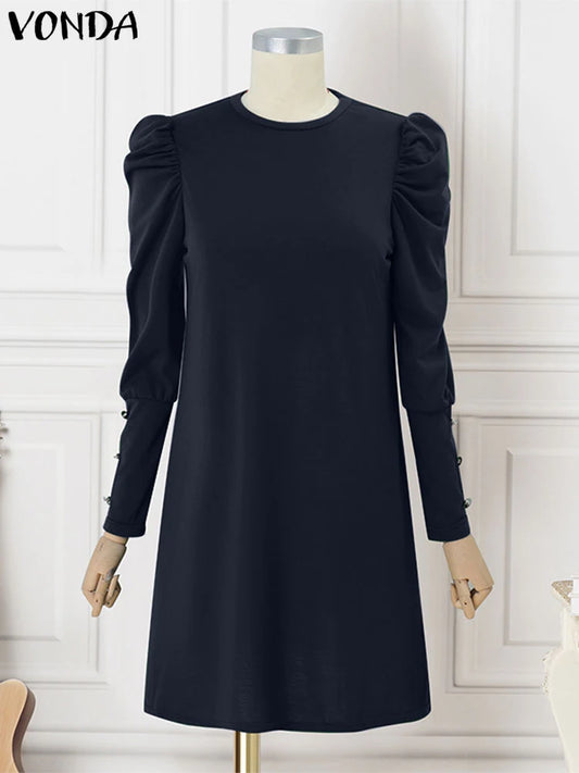 VONDA Elegant A-Line Mini Dress Casual Loose Solid Color Sundress 2025 Round Neck Long Lantern Sleeve Vestidos Robe Oversized