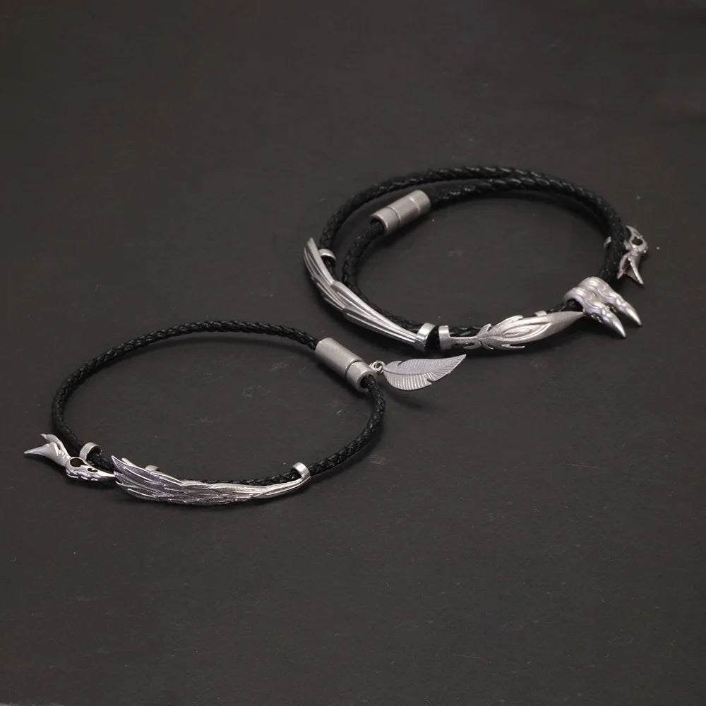 925シルバー ヴィンテージワックスロープブレスレット マグネット留め LOL XAYAH RAKAN マルチレイヤー フェザーリーフ カップルジュエリー