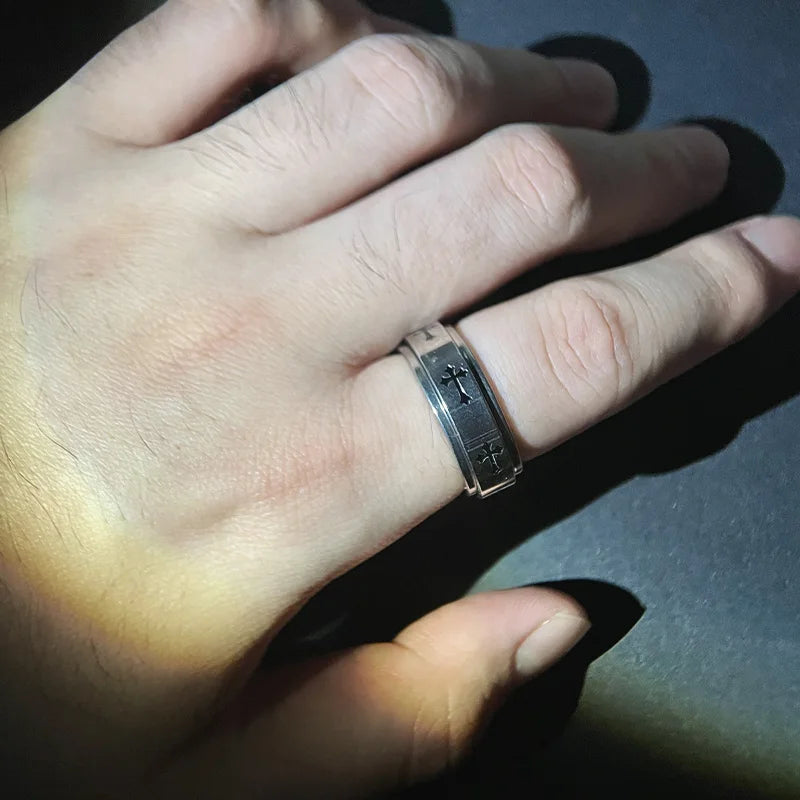 回転式メタルクロスリング メンズ レディース シルバーカラー ステンレススチールリング パンク ゴシック シンプル アクセサリー クリスチャンジュエリー ギフト