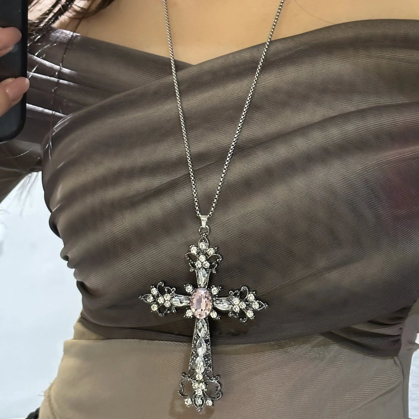 ゴシック ビッグジルコン クロスネックレス ユニセックス Y2K 不規則 ゴス ラージクロスペンダントネックレス メンズ レディース カップルネックレス ジュエリー