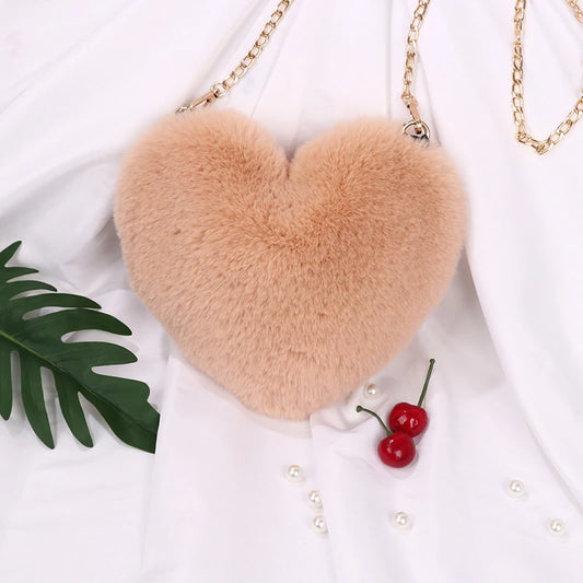 Love Bag New Valentine's Day Chain Plush Heart shaped Bag Female Diagonal Cross Bag Peach Heart shaped Love Small Bag Female
