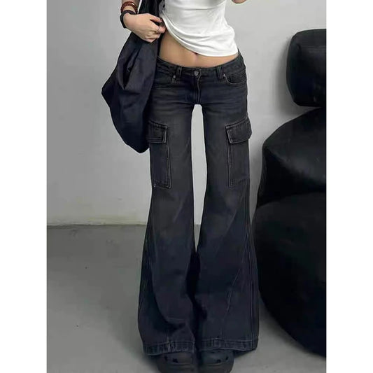 ZHIZOU Streetwear Vintage Black Jeans Women American Y2K Slim High Waist Flare Denim Pants Casual Multiple Pockets Denim Trouser
