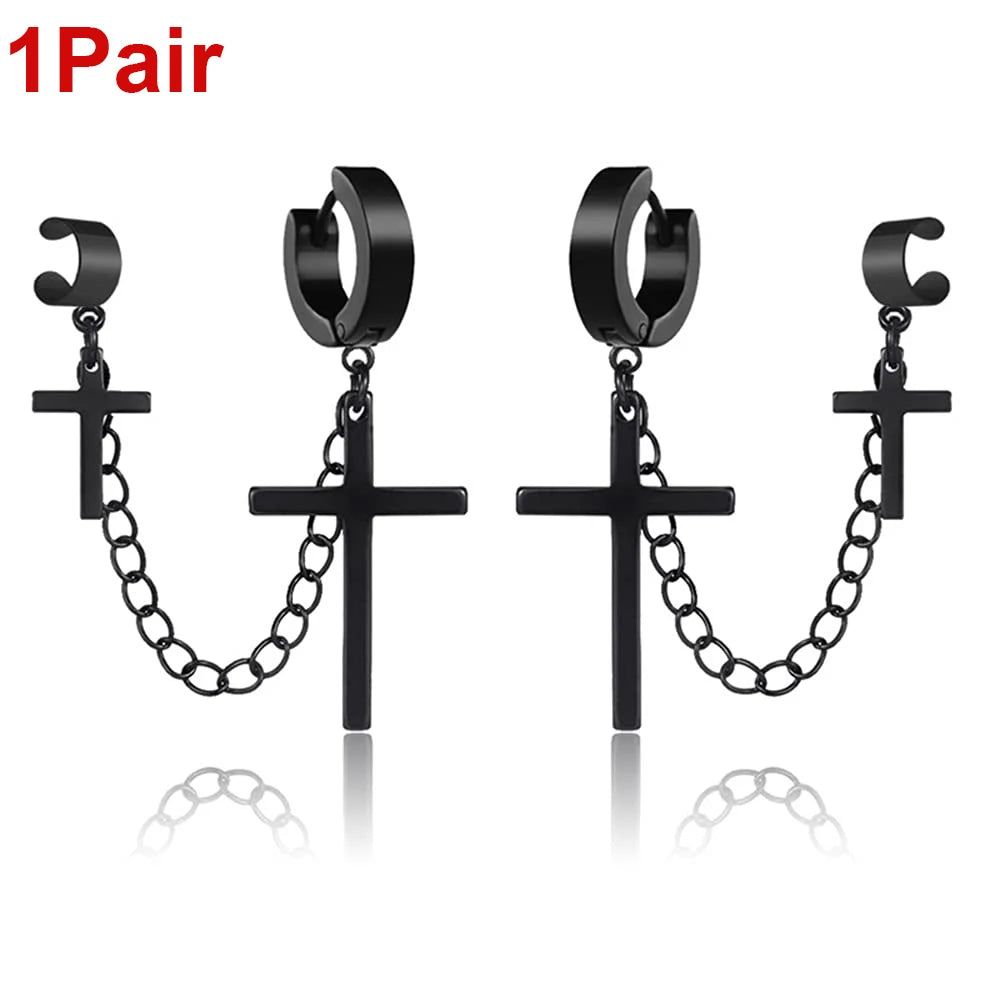 2個 メンズ レディース パンク ゴシック クロス イヤリング 誇張されたクラシック メタル クリスチャン チェーン ドロップ ダングル イヤリング ストリート ヒップホップ ジュエリー
