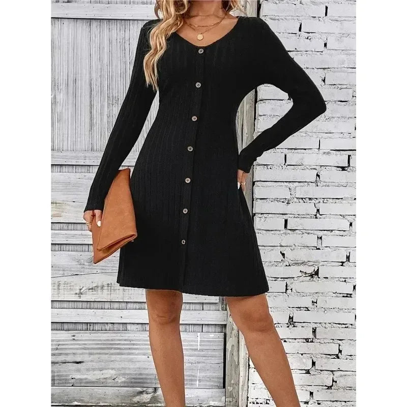 Women's Spring and Autumn Knee Length Skirt Fashion V-neck Waist Long Sleeve Dress