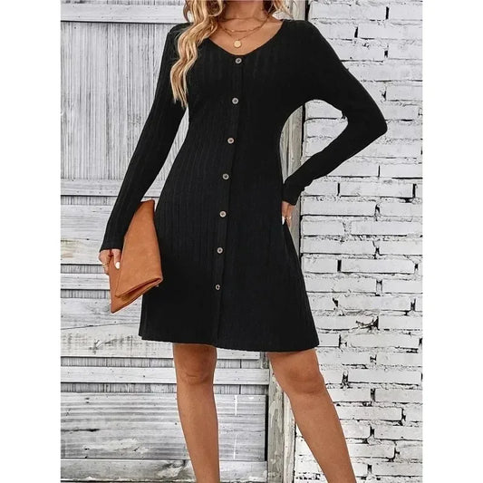 Women's Spring and Autumn Knee Length Skirt Fashion V-neck Waist Long Sleeve Dress