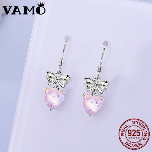 VAMO 925 Sterling Silver Bow Tie and Heart Earrings Women Sparkling Ear Studs CZ Earring For Anniversary Wedding Gift