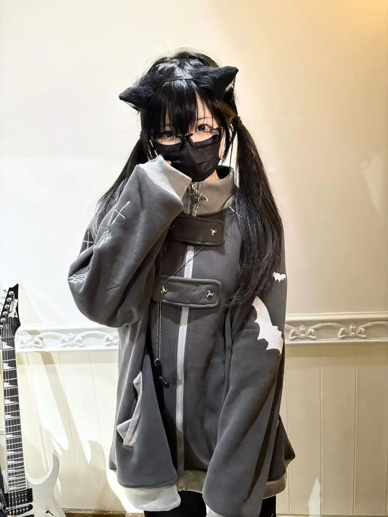 ファッションベルベットスタンドカラーサブカルチャー猫耳フード付きスウェットシャツジャケットオリジナルゴシック長袖ゆったり暖かいエレガントコート