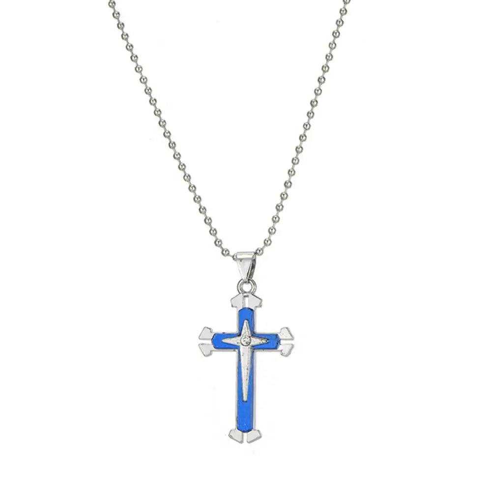 Vintage Crosses Pendant Necklace With Bead Chain Jewelry Necklace Blue Fashion Patterned Men Accessories Alloy Cross