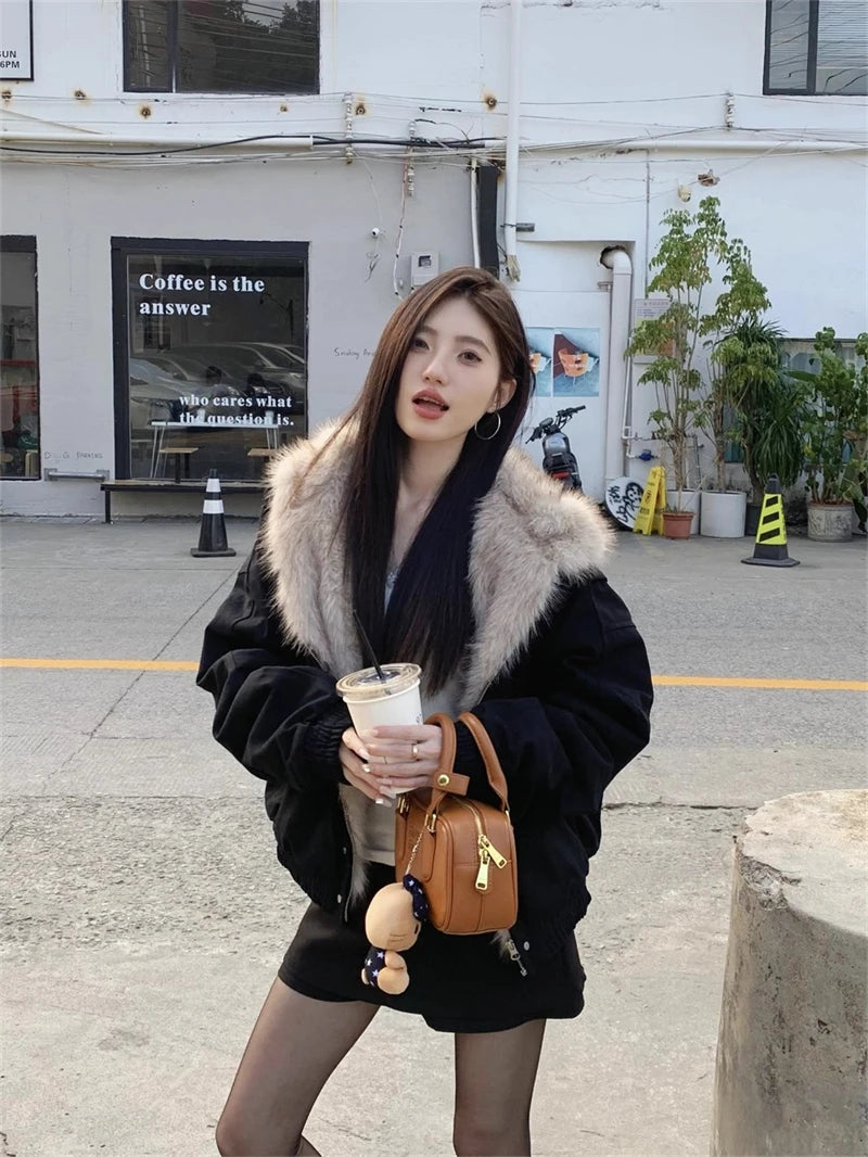 ZAROY レディース&amp;メンズ 冬用ジャケット Y2K ストリートウェア ファーカラー フード付き カジュアル ルーズコート 暖かい 原宿系 パーカー ゴシック パーカー куртк