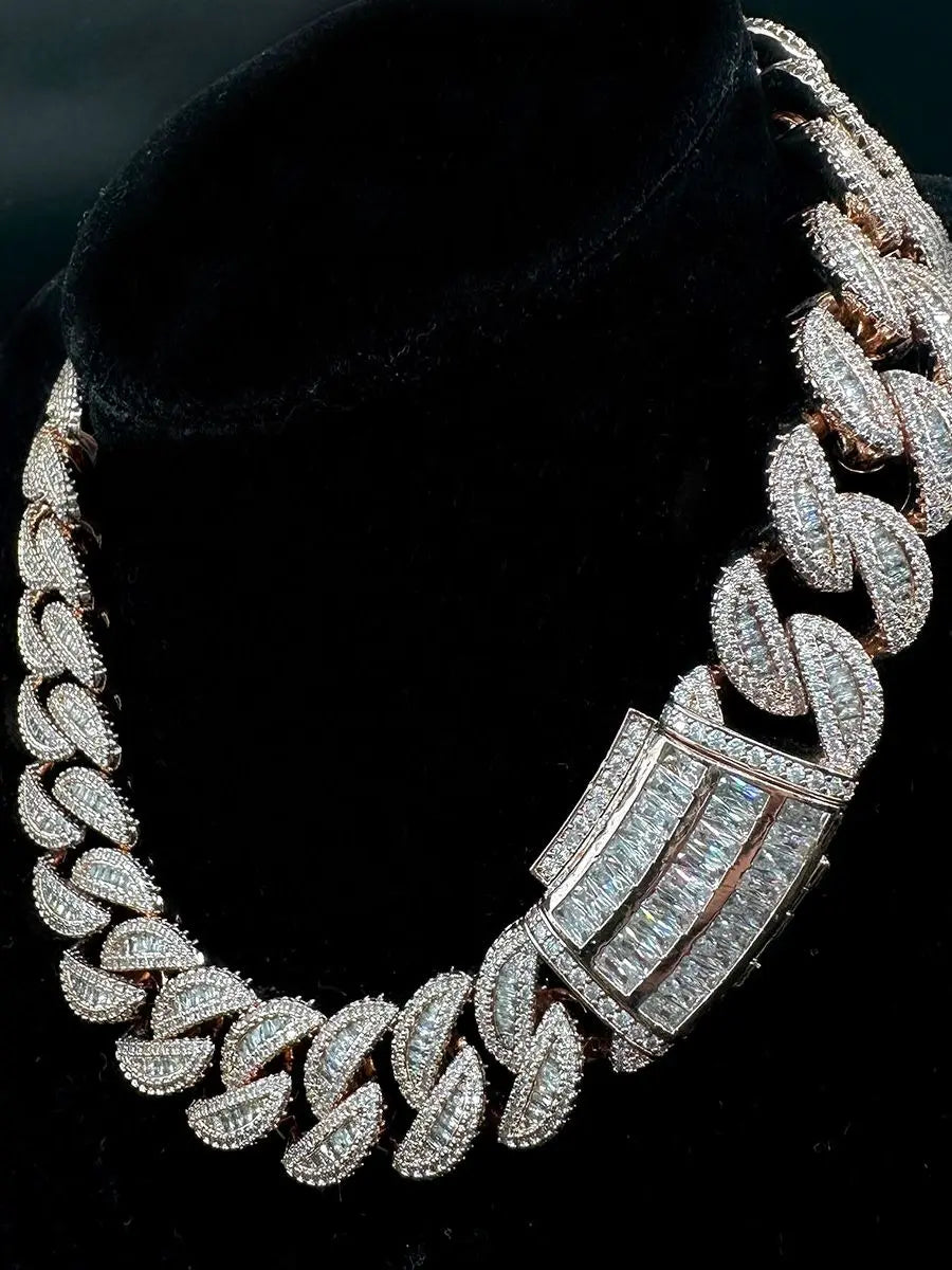 バゲットキューバンリンクチェーン メンズ アイスアウトプロングセッティングネックレス チョーカー 本物の金メッキ ヒップホップジュエリー