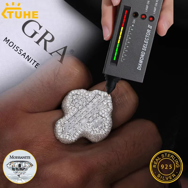 TUHE ユニセックス S925 シルバーリング アイスアウト バゲット VVS1 モアッサナイト クロスリング S925 シルバー メンズ ヒップホップジュエリー メンズアクセサリー