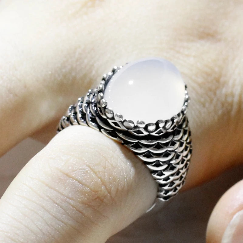 S925スターリングシルバーリングトルコメンズハンドメイドジュエリーギフト天然ホワイトアゲートヴィンテージパンクラグジュアリーホリデーギフト