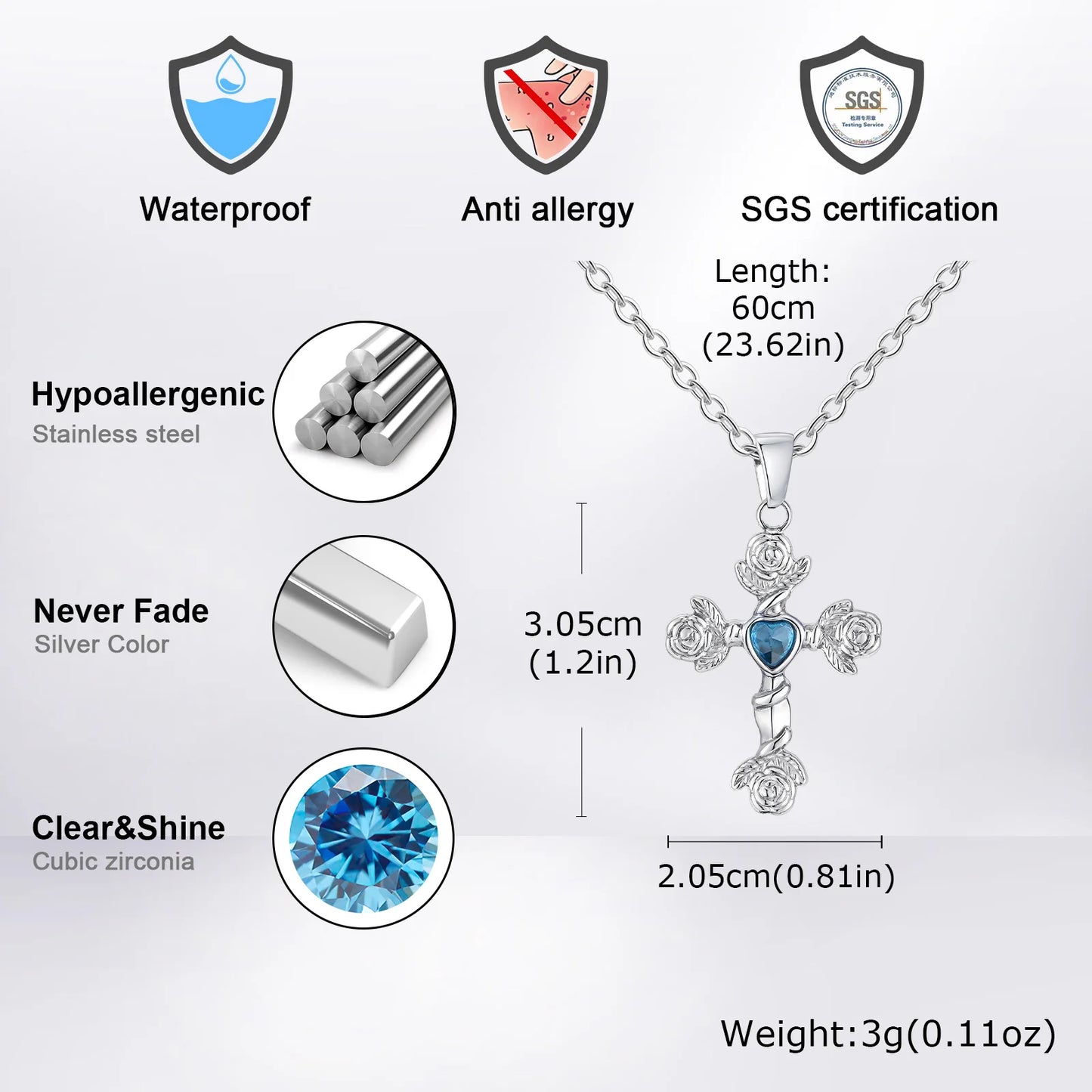  Fashion Heart Zircon Rose Flower Cross Pendant Necklace for Men Women, Gold Plated Stainless Steel Necklace,Aesthetic Jewelry