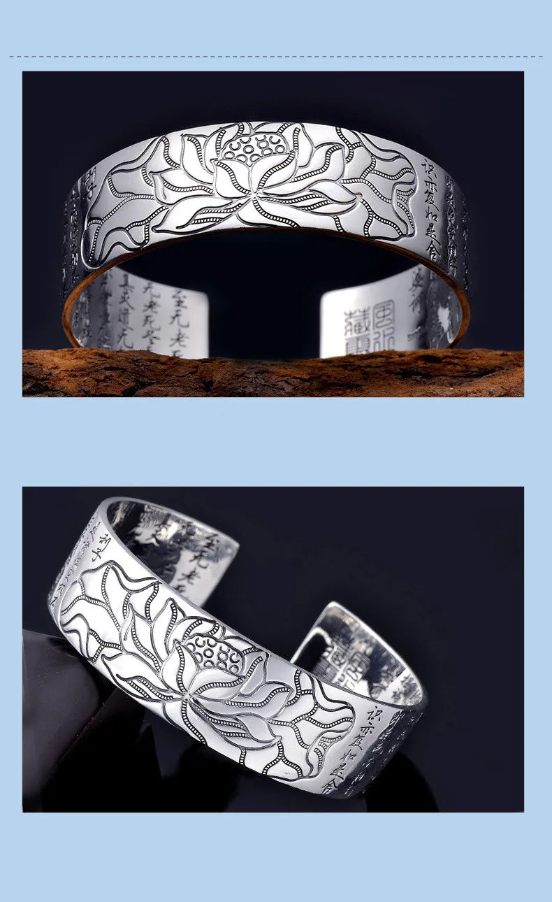 925スターリングシルバー 新作 レディース メンズ ファッションジュエリー レトロ 蓮の彫刻 仏教経典 祝福ブレスレット