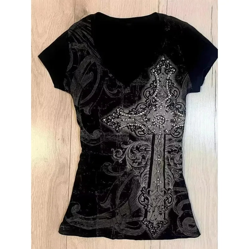 サブカルチャー ヴィンテージ セクシー スカル Tシャツ レディース パンク スリム 原宿 Y2K クロップトップ レトロ 2000年代 Tシャツ シック ストリートウェア ゴシック Tシャツ