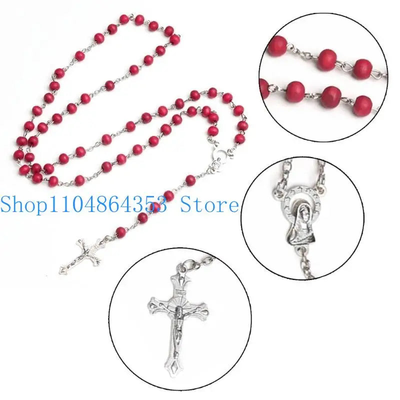 652F クロスネックレスペンダント メンズ レディース 木製ビーズ ローズスートラジュエリー