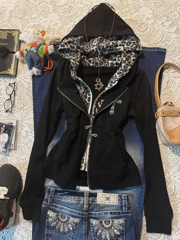 Subculture Y2k Leopard Print Patchwork Hoodie Autumn New Hot Girl Fake Two Piece Tops 2025 High Street Vintage Long Sleeve Coat