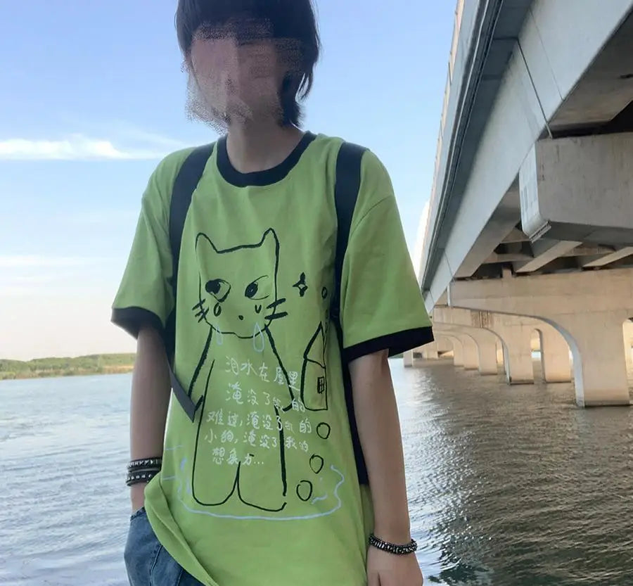 日本のサブカルチャー かわいい猫プリント 半袖Tシャツ レディース 夏 ヴィンテージ グリーン カジュアル ゆったり スウィートガール Y2K トップス