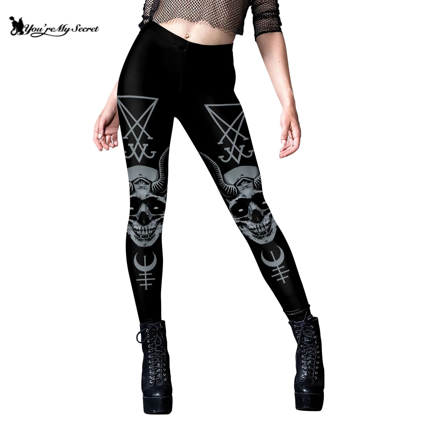 [You're My Secret] Gothic Leggings For Women Ouija Workout Yoga Trousers Pants Dark Black Cat Skull Leggins Devil Satan Leggings