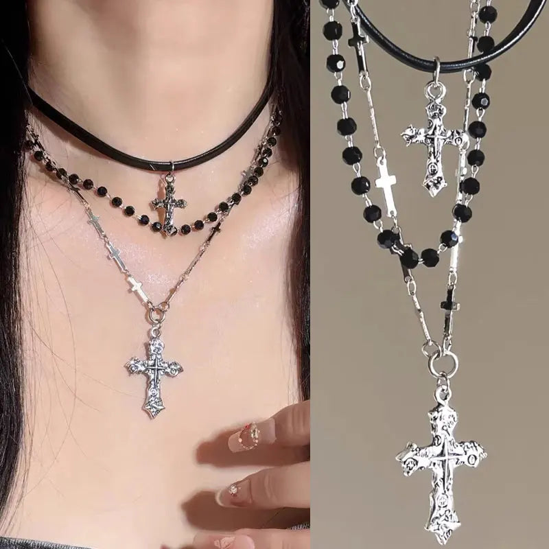 パンククロスチェーンダブルレイヤーネックレス メンズ レディース Y2K ファッショントレンド ロック パーティー グランジ EMO アクセサリー