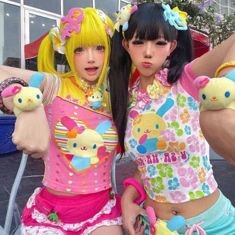 日本のレトロドーパミン半袖Tシャツかわいい漫画ウサギプリントTシャツ夏レディーススリムスイートサブカルチャー服トップス