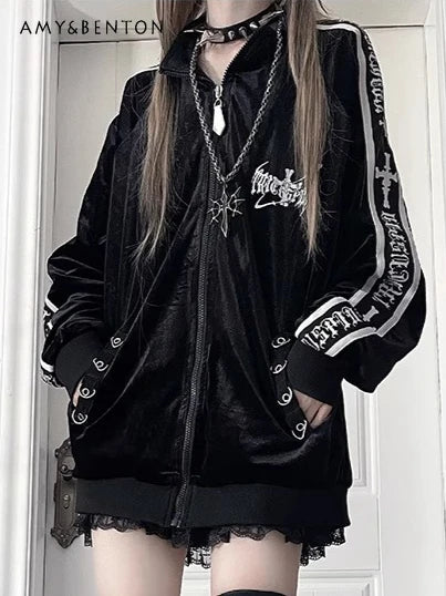 オリジナルサブカルチャーゴスベルベットプリントジッパージャケット秋の新しいストリートパンクスタイルダークルーズスポーツコート原宿カジュアルジャケット