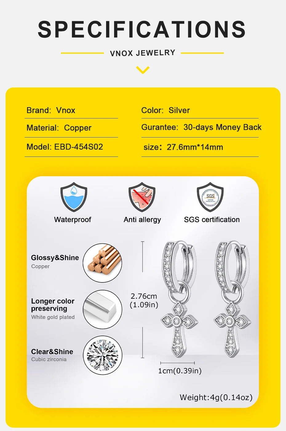 Vnox クロスペンダントフープイヤリング メンズ ボーイズ 27.6mm シルバーカラー 銅ジルコン パンクジュエリー ゴシックスタイル 誕生日パーティーギフト