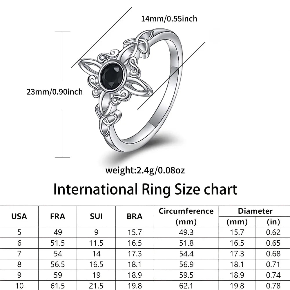 925シルバーメッキ 魔女ノットリング レディース オブシディアン ケルト トリニティノットリング ペイガン ウィッカ クロス ジュエリー 新年ギフト